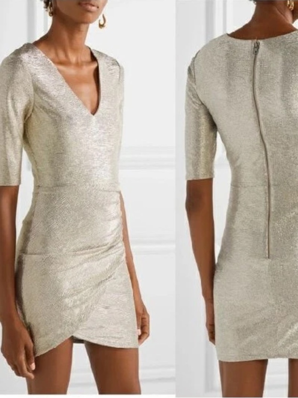 Alice + Olivia Judy Short-Sleeve Metallic Ruched Dress V-Neck Sz 6 Party Glam